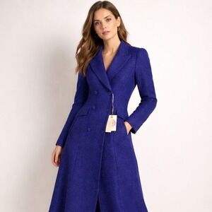 Cerruti 1881 Femme Blue Tweed Long Coat XS Double Breasted Designer‎
